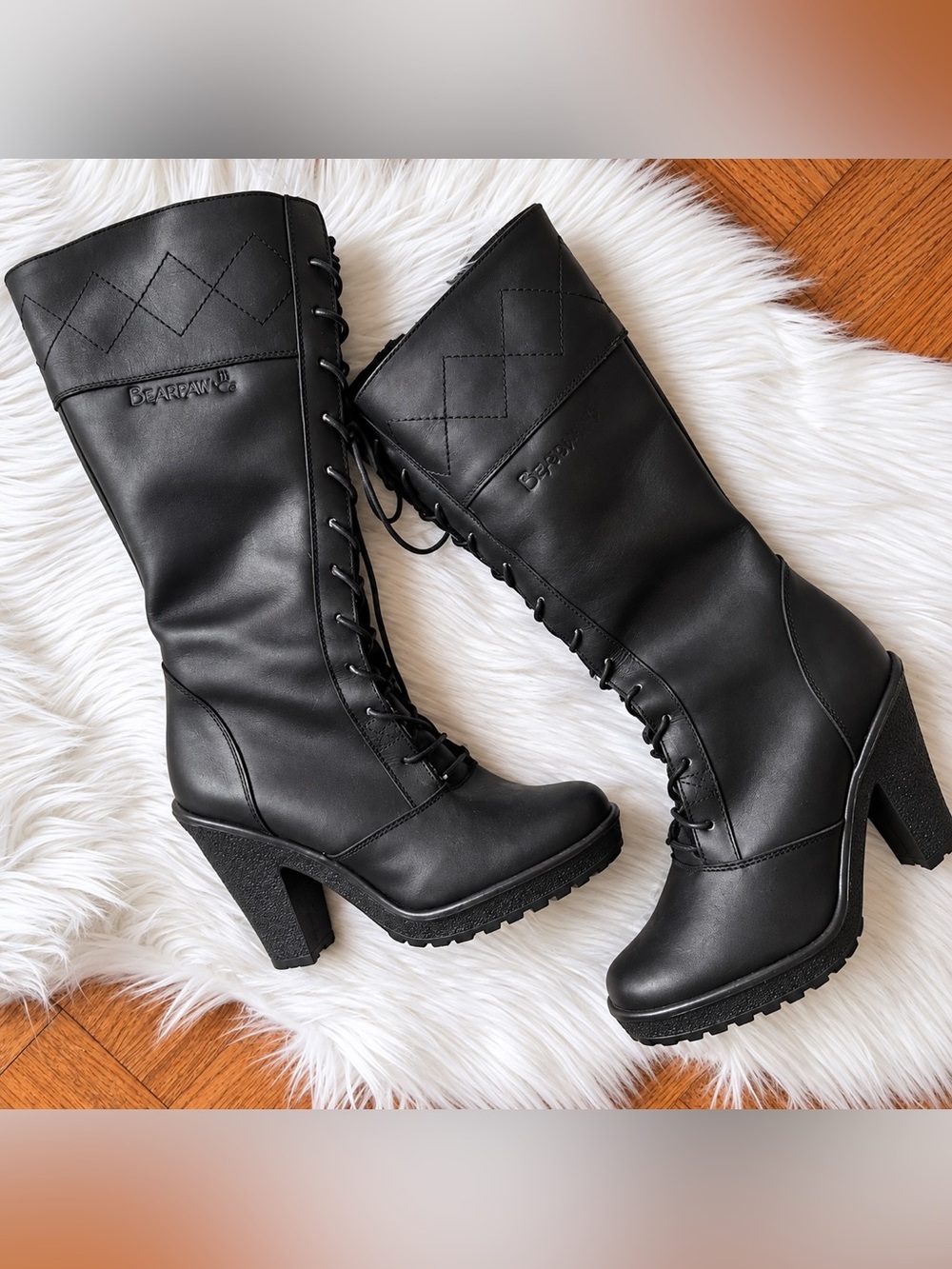 BEARPAW Black Leather Knee High Lace Up Boots Chunky Heel Y2K